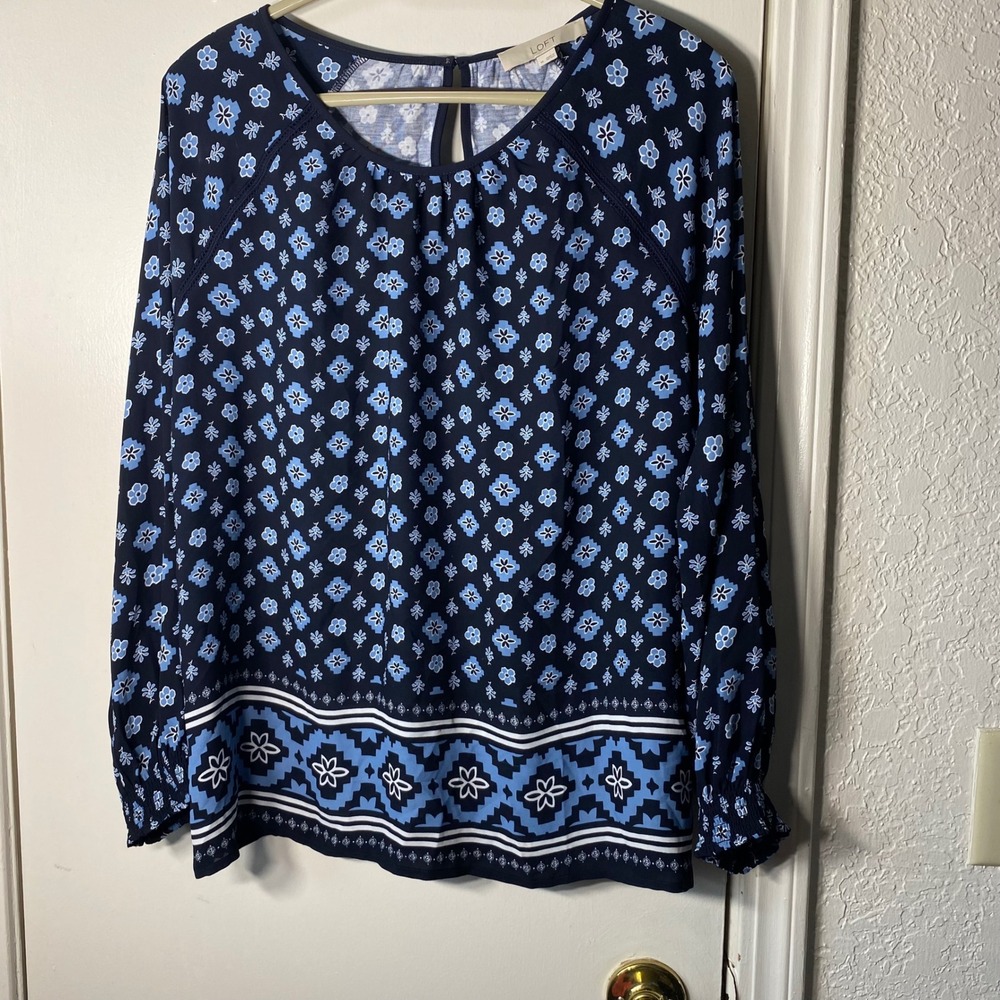 Loft Navy Blue Floral Geometric‎ Border Print Blouse Long Sleeve Smocked Cuff M